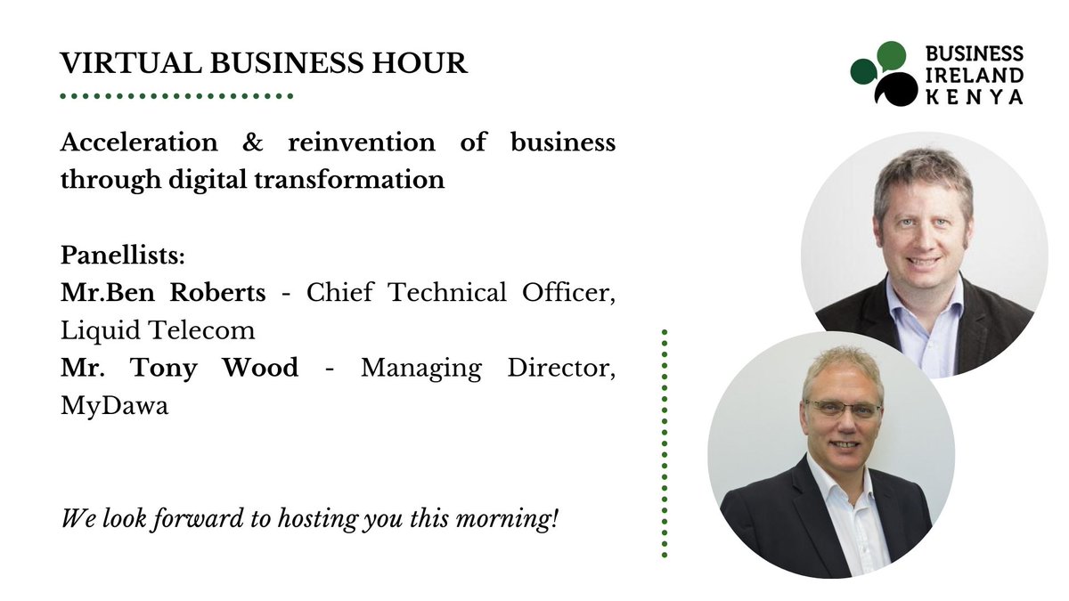 BIrlKe's tweet photo. We look forward to hosting you at the #VirtualBusinessHour this morning.

Join us to hear from @benliquidkenya &amp; @TWood_Kenya
on #DigitalTransformation and rethinking #processes, #people, #technology for your #business 

Register here: https://t.co/NaTtX9FmuT https://t.co/Wn0xTqbfFF