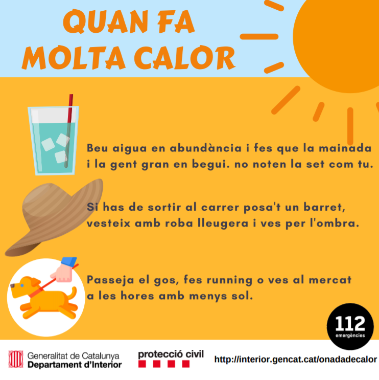 AmicsdlPopa's tweet photo. Aquest setmana es preveuen que una onada de calor afectarà la majoria del país, a partir de dilluns al migdia i es perllongarà fins dijous. Segueix els consells #onadadecalor #hidratarse #espaisfreds https://t.co/wshr57sYwY
