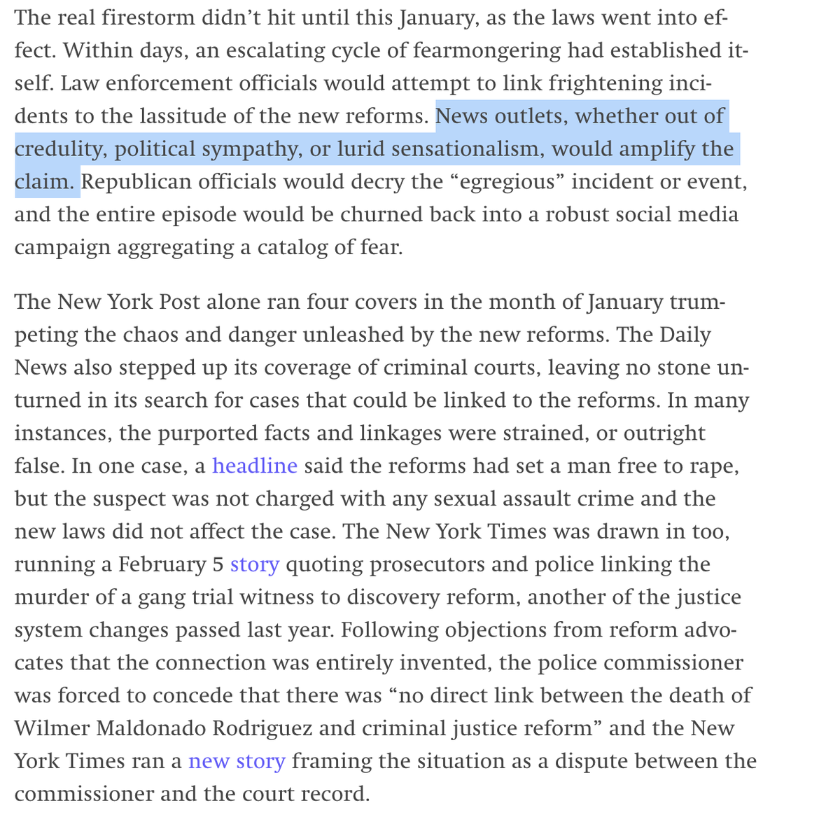 26. This kind of reporting has real consequences  @migold  @AshleyAtTimes. For example, law enforcement interests used precisely this kind of false fearmongering to roll back bail reform earlier this year. And the media – just like you – played a key role.  https://theintercept.com/2020/02/23/criminal-justice-bail-reform-backlash-new-york/