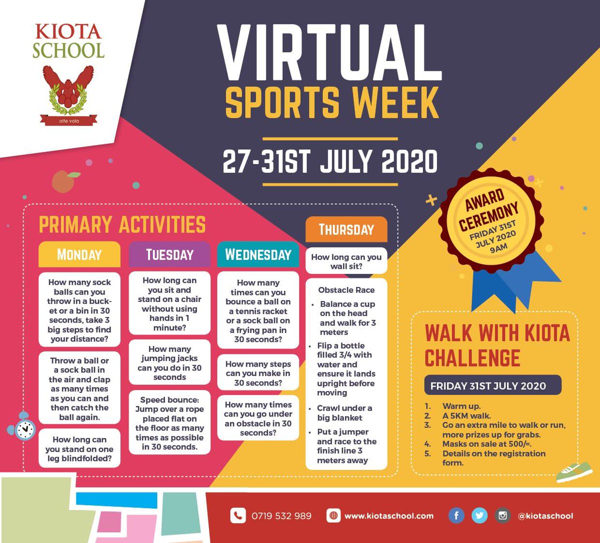 KiotaSchool's tweet photo. We have an exciting #VirtualSportsWeek planned ahead. It's always important to keep fit and healthy, now more than ever...so go on and get moving! #KiotaSportsWeek #KeepSafeKeepFit https://t.co/Qeak64fxLO