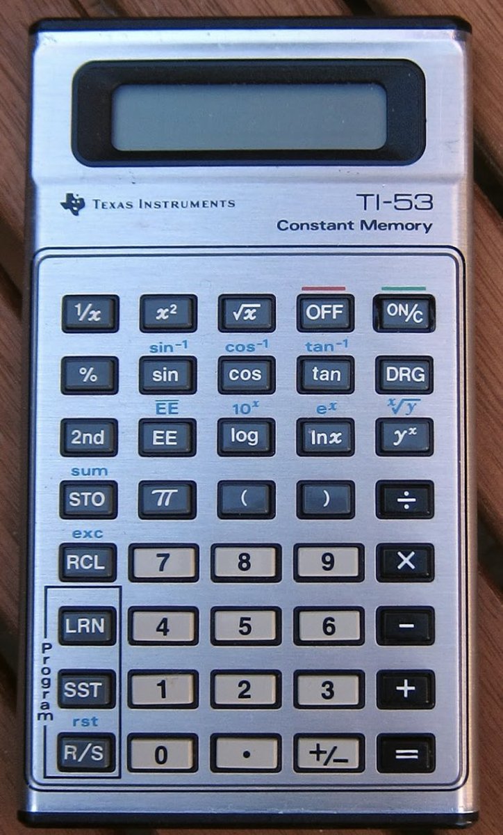 starchipdesigns's tweet photo. The TI-53 was the first programmable device I ever had. Looking back, it may be what sparked my interest in programming.
Several high school classmates had them too.
The keyboards failed on many of them, including mine. (I switched to a Casio fx-3600P.)
#80s #calculator #ti https://t.co/8sqec47ZdM