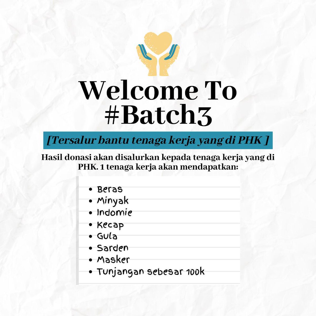tersalur's tweet photo. [Tersalur Open Donation #Batch3]

Selama pandemi ini, pergerakan ekonomi kian melambat dan banyak sekali korban PHK.
Tersalur kembali memberikan kesempatan pada kalian berdonasi untuk membantu tenaga kerja yang terkena PHK dan mengapresiasi UMKM Indonesia. https://t.co/ehSkhsKoZi