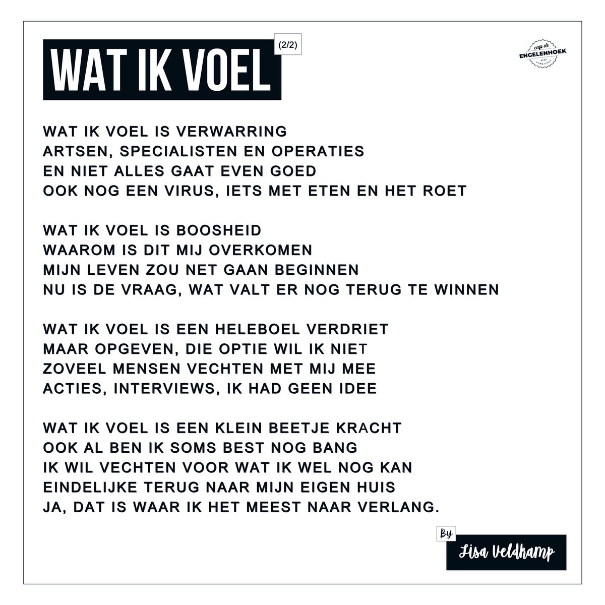 LisaVeldkamp's tweet photo. De Stichting @helpmaarten vroeg mij om een gedicht. Een steuntje in de rug voor de jonge Maarten van den Bergh, die nu, om 08:00 uur, wederom de operatiekamer wordt ingereden voor de zoveelste operatie. #Huttenbouw #Ongeluk 

https://t.co/R7kzPG7oeX https://t.co/jC5ZyZWQuh