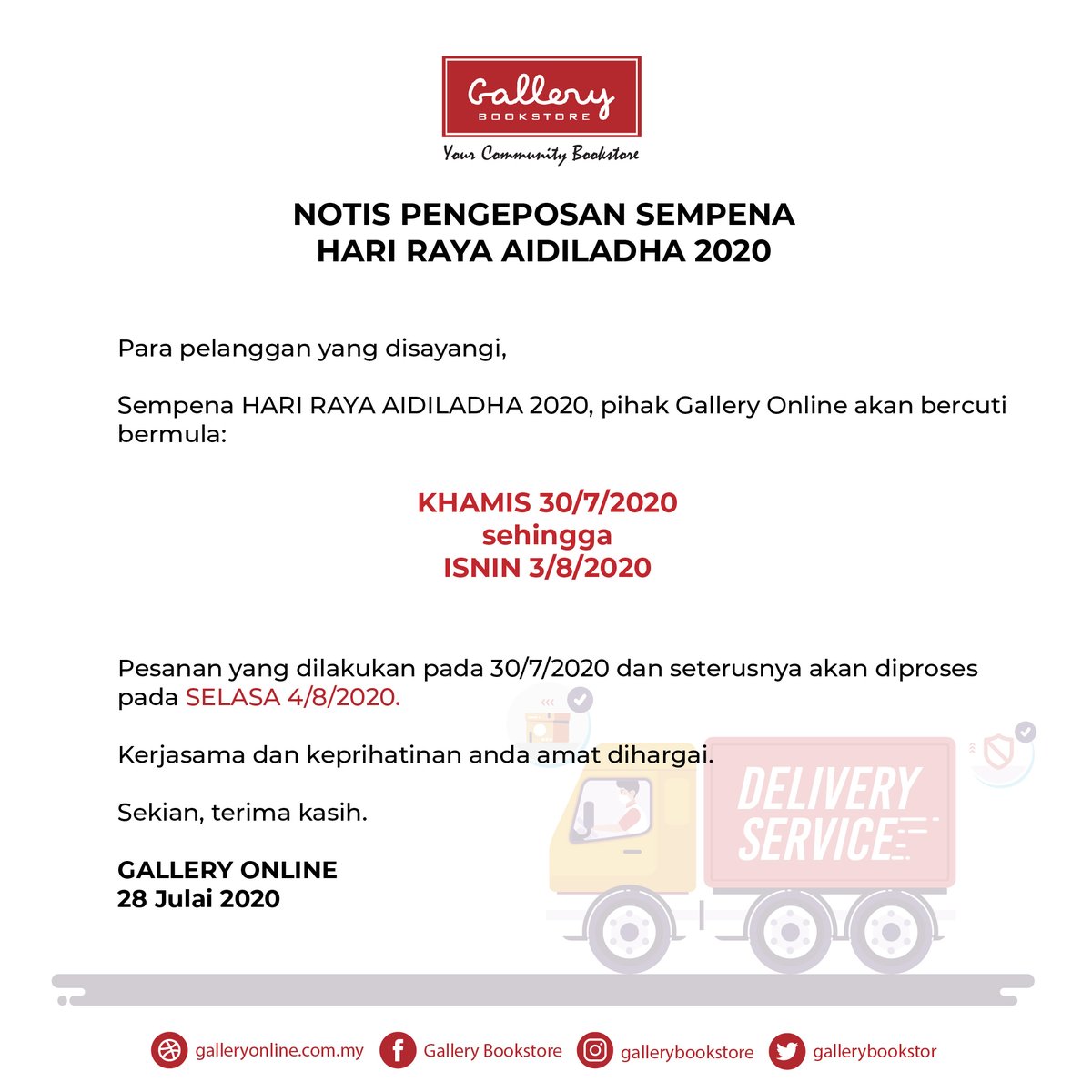 Notis Pengeposan sempena Hari Raya Aidiladha di Gallery Online✨