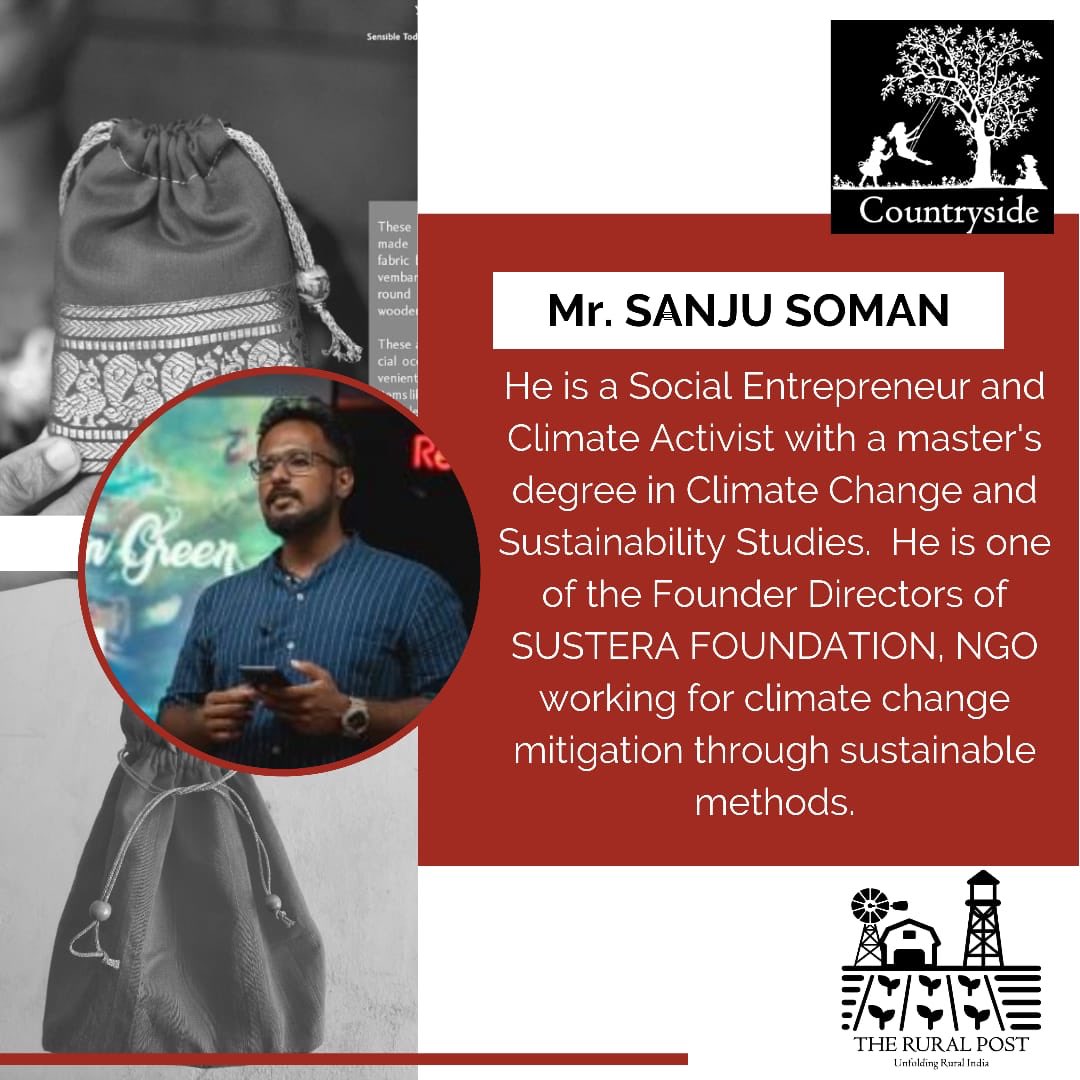 PostRural's tweet photo. Mr. Sanju Soman, social entrepreneur and climate activist with a master's degree from TISS in climate change and sustainability studies, one of the founder directors of SUSTERA FOUNDATION.
Milee Bags by Bhava is Cofounded by  Deepa Anantha and Vinayak Warrier along with Mr. Soman https://t.co/VsCCIgnFJz