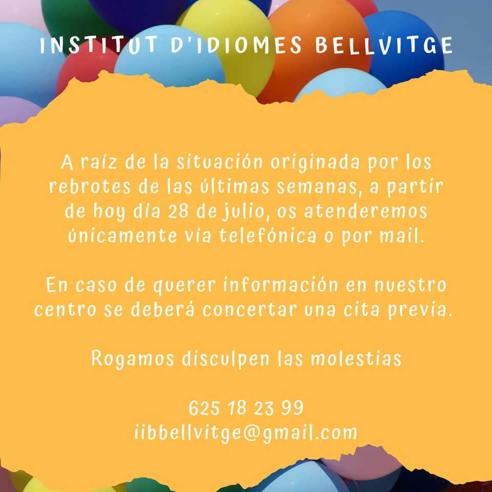 iibbellvitge's tweet photo. Para cualquier duda o información sobre nuestros cursos y novedades para el próximo curso no dudéis en poneros en contacto con nosotros. 
625 18 23 99 - iibbellvitge@gmail.com

#iibbellvitge #bellvitge #institut #idiomes #lhospitalet #curs20202021 https://t.co/KBC8sIYE9B