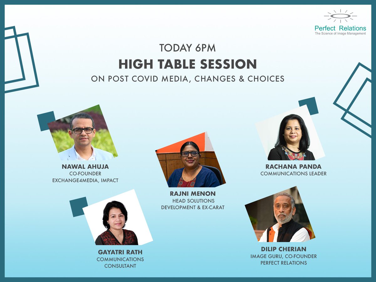 PerfectPRIndia's tweet photo. A few more hours to go before the High Table Session. If you foresee or face challenges in the post-covid world brand comms, ask here and 5 will be addressed today at 6pm. #PRLessons #CommsHighTable https://t.co/pmlfsvWMIF https://t.co/kMOCknM8bP