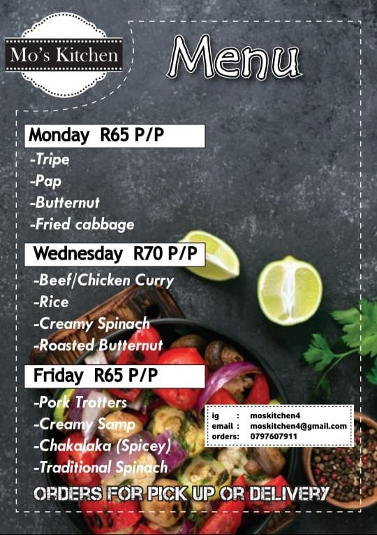 Dont_Tatazell's tweet photo. If you around Sandton, Fourways, Centurion and Midrand and craving for a good meal, please visit my beautiful Sister @Nomonde2105 recently opened a kitchen.

Orders for Pick up and Delivery. Based in Midrand. 
#MosKitchen
#BlackBusiness https://t.co/4mCiytDlxd