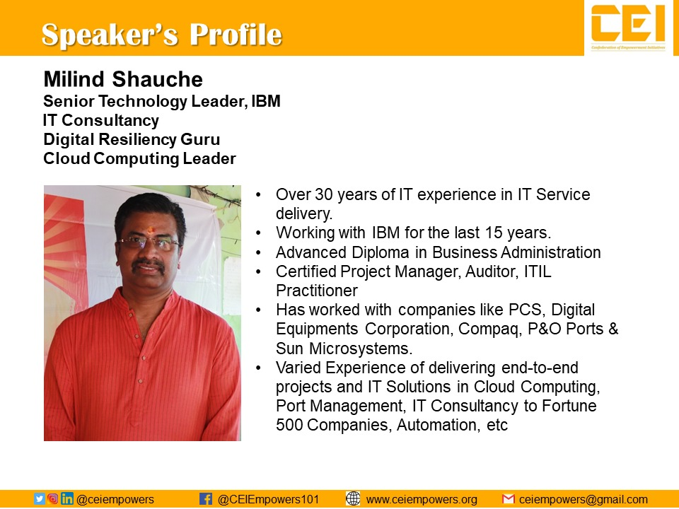 truptilahiri's tweet photo. Senior Technology Leader &amp; Digital Resiliency GURU, Shri Milind Shauche Ji took a CEI Masterclass on the niche topic of Digital Resiliency where he explained how one must develop Relevant Skills and constantly Upgrade one’s skills. 
#CEI_LiveProject Ph-4: https://t.co/ZS8lePcowb https://t.co/mOEZYmUQ7N