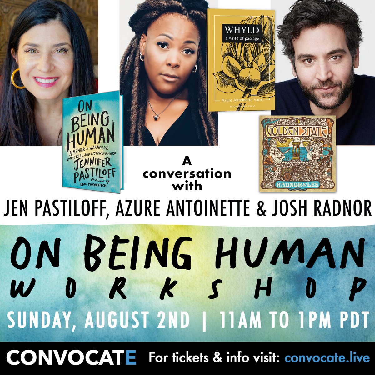 ConvocateLive's tweet photo. This Sunday! @JenPastiloff's On Being Human workshop with guests #AzureAntoinette &amp; @JoshRadnor. Get ready to write, listen, move, and open your heart! 8/2 at 11am PDT. Tickets: https://t.co/7YCqyUkKMc #OnBeingHuman #JenPastiloff #JoshRadnor #joy #inspiration #selfcare https://t.co/FRl3FkIvMN