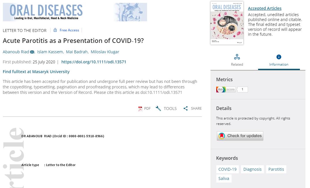 DrAbanoubRiad's tweet photo. Our team (@islamkassem @MKlugar) published the largest case series of #COVID19 patients with acute #parotitis symptoms. Parotitis was suspected for a while to occur in the context of COVID-19 due to high positivity of the salivary samples for #SARS_CoV_2.
https://t.co/dXj7qdLCJ9 https://t.co/Gai9qCd0vF