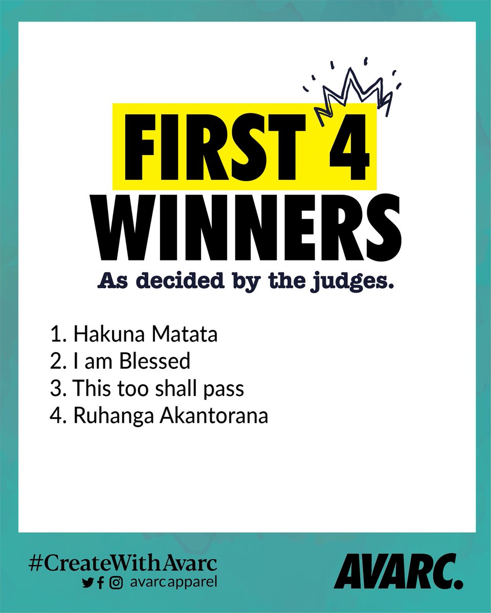 avarcapparel's tweet photo. #CreateWithAvarc

Thank you all for participating. You shared very powerful phrases that it was almost impossible to pick the best. 

These 4 were the most outstanding that were picked by the judges and will be automatically awarded as winners. https://t.co/K45HhBh18d