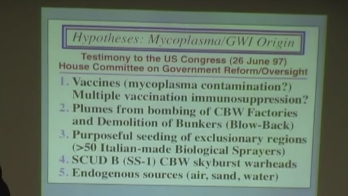 La enfermedad de la Guerra del Golfo causada por Mycoplasmas estuvo asociada a los esquemas de vacunacion múltiple o contaminación por aire.A esta Arma Biológica se le insertan genes para que resistan cualquier temperatura y terreno pero sobretodo para burlar al sistema inmune.