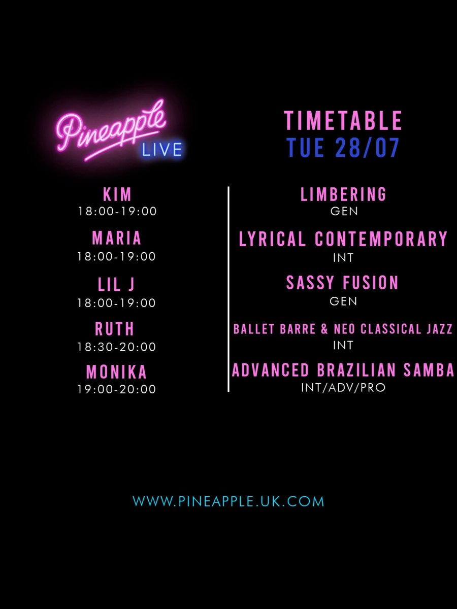pineappledance's tweet photo. PINEAPPLE LIVE TIMETABLE:  Here’s our brand new ONLINE classes timetable of all your favourite Pineapple teachers who are teaching today Tuesday 28th July. 

TO BOOK YOUR LIVE STREAMED VIRTUAL CLASS DOWNLOAD OUR APP or click on the link below:-

https://t.co/G0kyrULlC0

#Dance https://t.co/dc7EJWUGvs