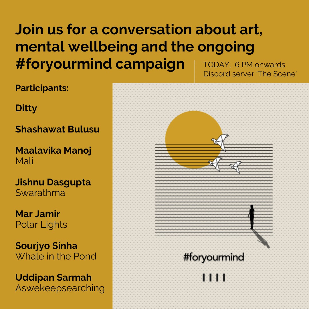 ahummingheart's tweet photo. Hold up! We’ve got two more artists joining our session on Discord for the ongoing #foryourmind fundraising campaign today. Welcome, @AditiVeena and Shashwat Bulusu! @pagalhaina
Come by, join the discussion, and listen to their music.
To join - https://t.co/FsjtRKTrIn https://t.co/2BCQJxB131