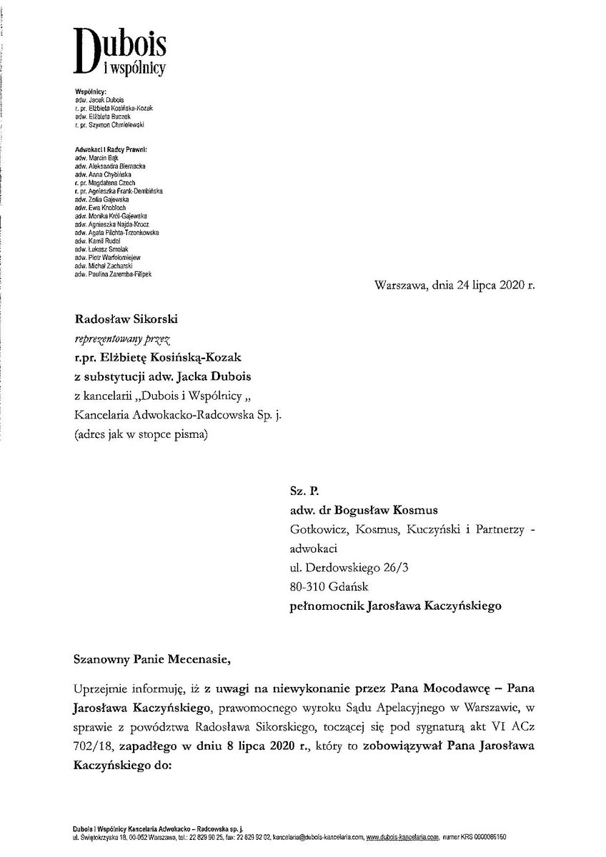 sikorskiradek's tweet photo. Skoro Kaczyński ma w nosie prawomocny wyrok, to może jego adwokat go przekona?  Proszę o RT dla #JarekPrzeproś https://t.co/GgdwFcgHFk