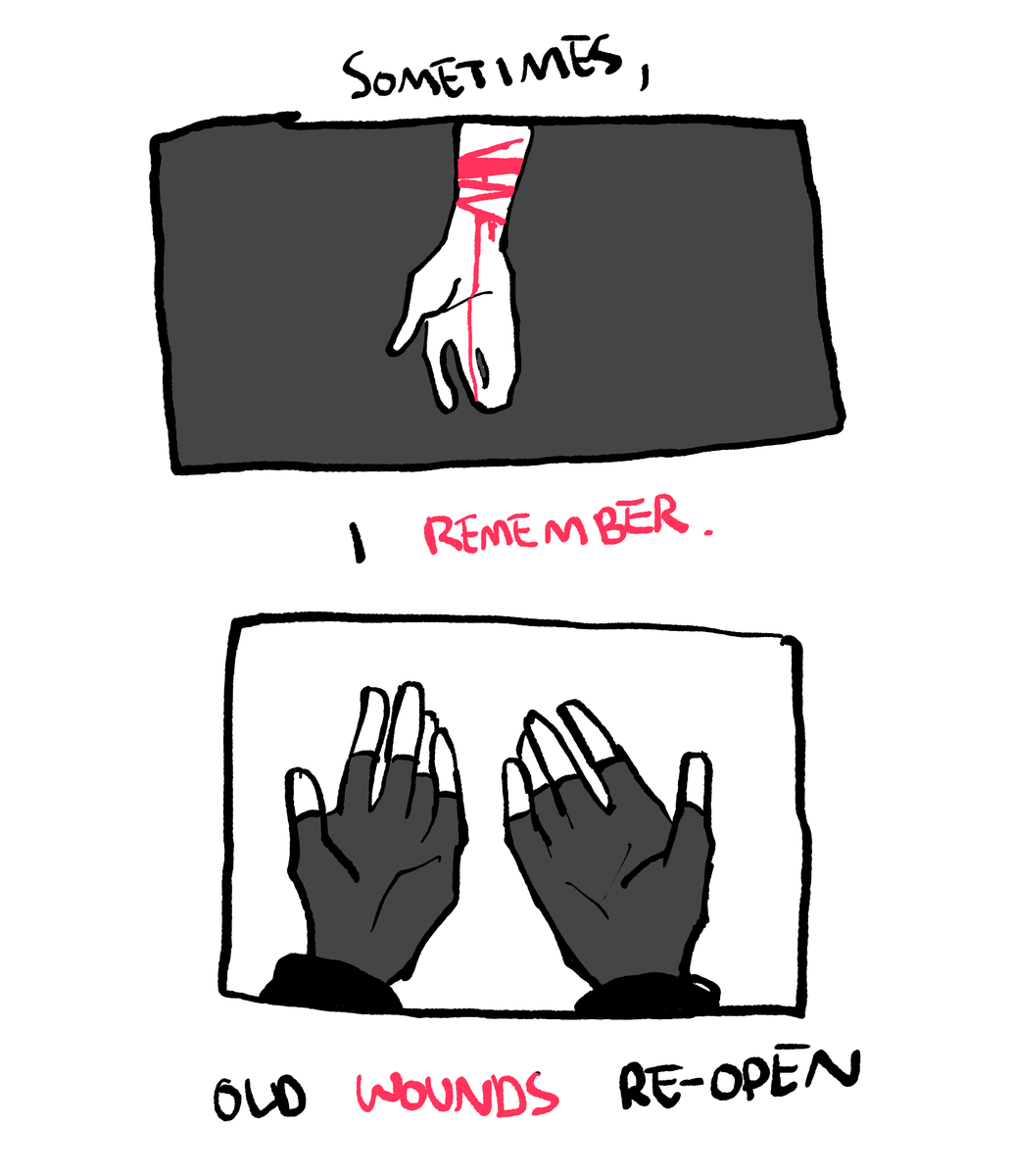 [OC] tw // self-harm

A little comic about Wolf, and his first encounter with a songbird. 