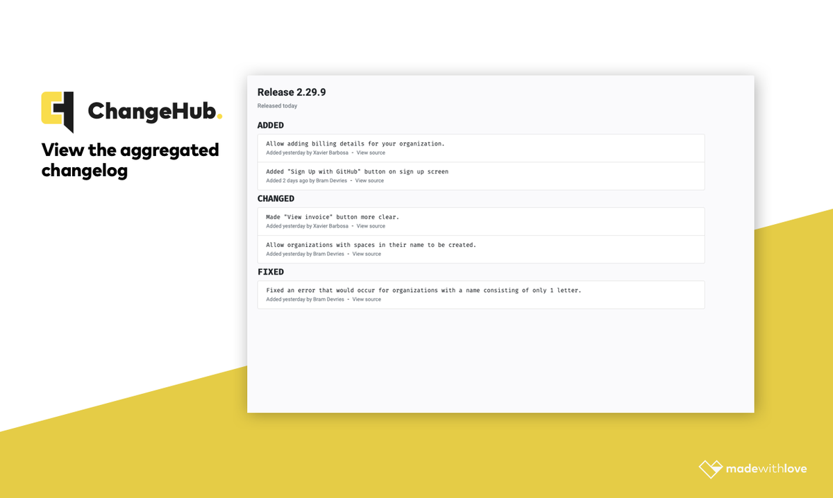 ChangeHub is now on <a href="/BetaList/">BetaList</a>. Our product delivers the information you need without interrupting developers. We make this happen by integrating directly with your codebase and turning your repository into a living changelog. bit.ly/3f17zB2