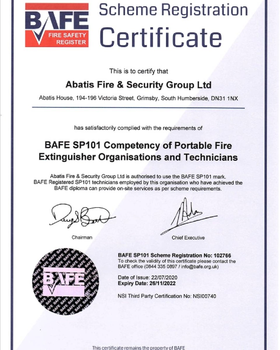 abatisgroup's tweet photo. Delighted to show you our SP101 @BAFEFIRE certificate meaning we now hold accreditations across the disciplines with the extinguisher approval joining our fire accreditation and long held security approvals with @NSI_Approved
#Lincolnshire #lincsconnect #loyaltolocal #weprotect https://t.co/ggE5jFvz4g