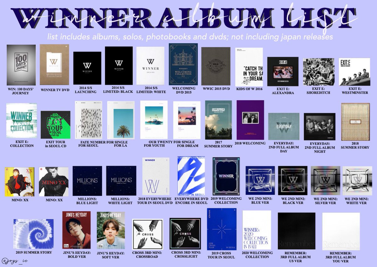 joys_ic's tweet photo. i made a winner album list (korean releases) 

🍃 might have made error
🍃 might be incomplete
🍃 feel free to save it 💕

 #WINNER #위너 @yginnercircle https://t.co/2UfvxABOUt