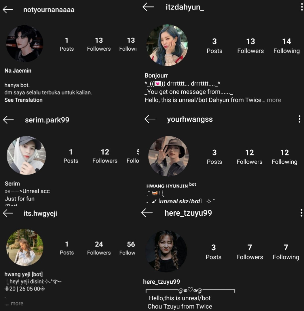 ikimiintwittir's tweet photo. gue mau bagi bagi bot ig yg baru netas ni, kalo mau lgsng follow sama dm aja ya!! Kalo lewat tl kalian, bantuin rt juga thank u๐ฅฐ #botig #botkpop
@/notyournanaaaa
@/itzdahyun_
@/serim.park99
@/yourhwangss
@/its.hwgyeji
@/here_tzuyu99 https://t.co/MV6CQ7QiBg