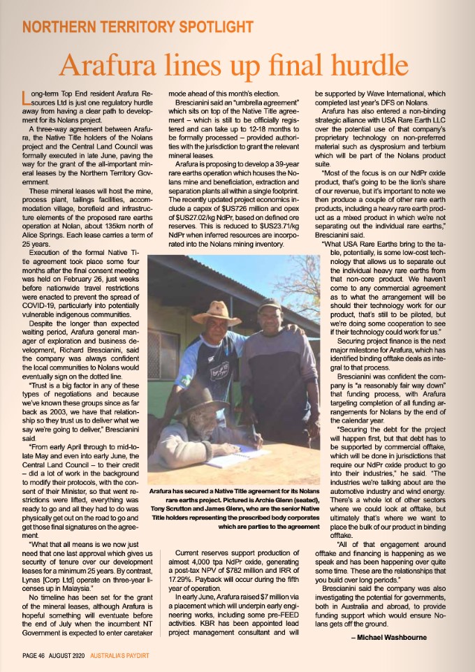 ARULtd's tweet photo. Northern Territory Spotlight in August edition of Paydirt: Arafura lines up final hurdle $ARU #Nolans #NdPr #rareearths #phosacid #nativetitle #strategic #offtake #financing @Paydirt_Media @mj_wash @USARareEarth @NthAust https://t.co/BrrLhxoEna