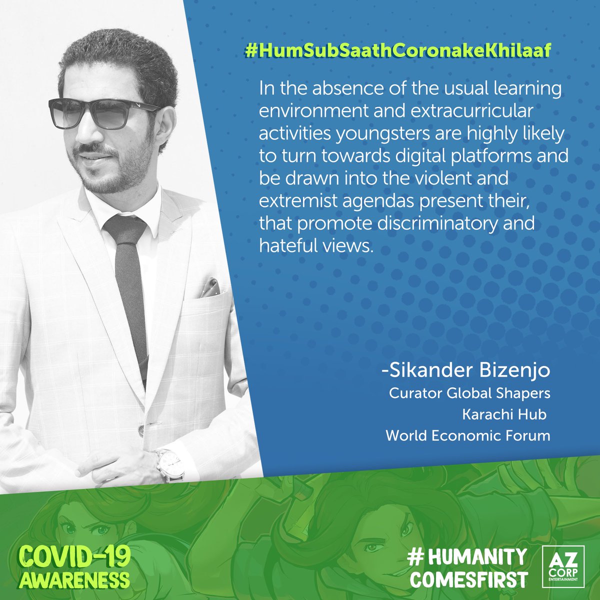 AzCorpComics's tweet photo. We must avoid being hateful and remain in harmony with one another during this #COVID19 pandemic. #HumSubSaathCoronaKeKhilaaf Thank you @sikanderbizenjo https://t.co/CoIJdzyyqR