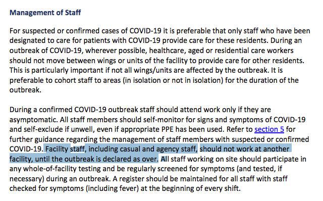 The CDNA guidelines are interesting, because they specifically mandate that aged care staff should not work across different facilities ... this rule has clearly been breached multiple times in Victoria  https://www.health.gov.au/resources/publications/coronavirus-covid-19-guidelines-for-outbreaks-in-residential-care-facilities