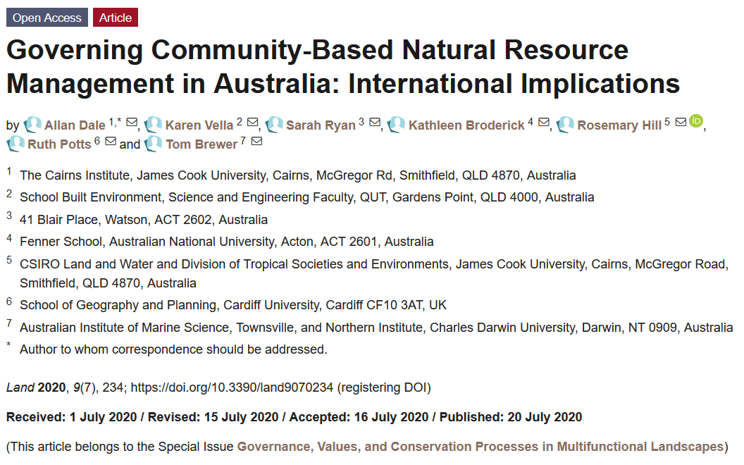 Governing Community-Based Natural Resource Management in Australia: International Implications
by Allan Dale, Karen Vella, Sarah Ryan, Kathleen Broderick, Rosemary Hill, Ruth Potts and Tom Brewer 
#community 
#natural 
#governance 
mdpi.com/2073-445X/9/7/…