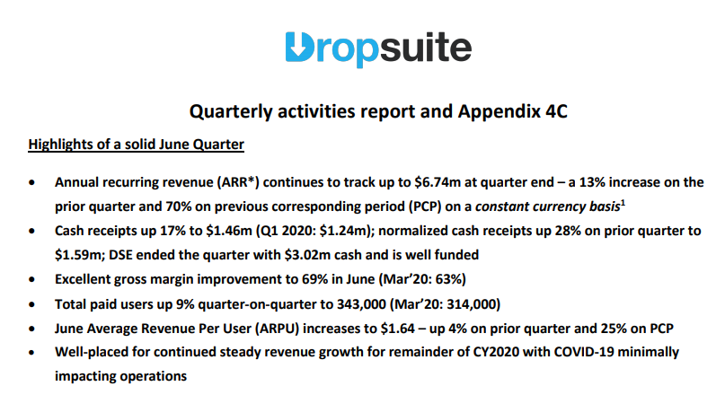 Dropsuite Limited is pleased to provide this business activities and cash flow report for the three-month period ending 30 June 2020. Read more: asx.com.au/asxpdf/2020072…

#DropsuiteDelivers #cloud #software #email #archiving #backup #investing #news $DSE