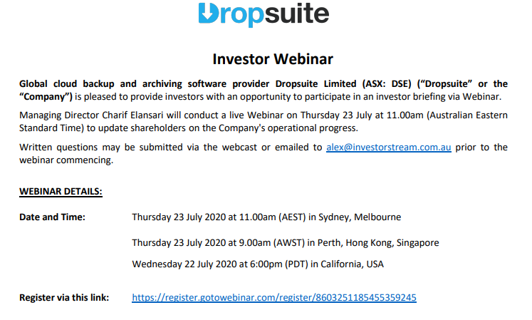 $DSE MD Charif Elansari will conduct a live Webinar on Thursday 23 July at 11.00am (Australian Eastern Standard Time) to update shareholders on $DSE's operational progress. Register here: register.gotowebinar.com/register/86032…

#cloud #software #email #archiving #backup #investing #news #ASX