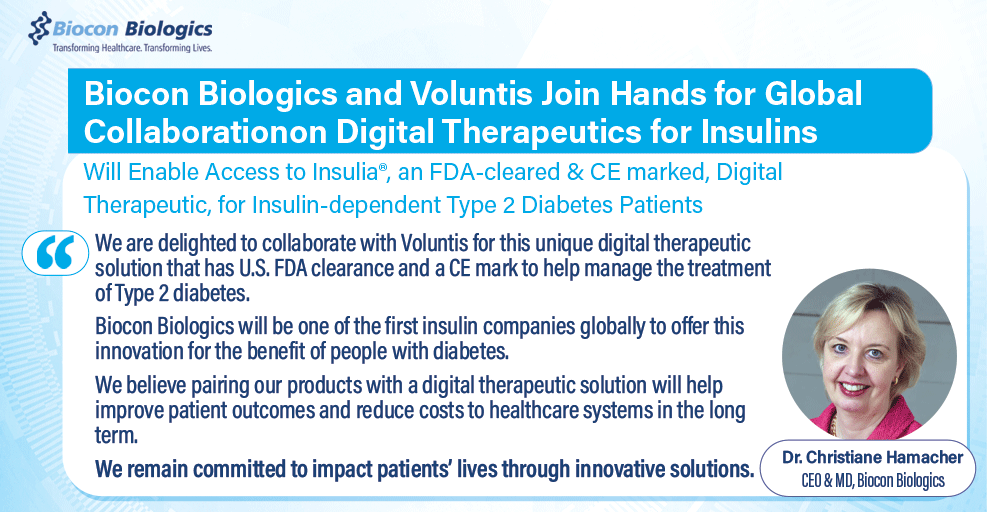 BioconBiologics's tweet photo. #BioconBiologics &amp; Voluntis Join Hands for Global Collaboration on Digital Therapeutics for Insulins, Will Enable Access to Insulia®, an FDA-cleared &amp; CE marked, Digital Therapeutic, for #Insulin-dependent Type 2 #Diabetes Patients. 
Read details 👉https://t.co/sMB2G1A8PK https://t.co/azjJolQwZW