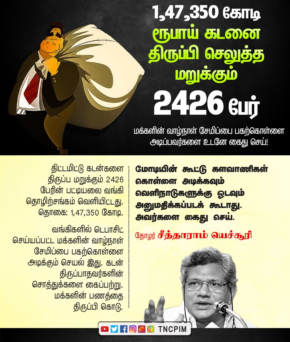 tncpim's tweet photo. 1,47,350 கோடி ரூபாய் கடனை திருப்பி செலுத்த மறுக்கும் 2426 பேர்: மக்களின் வாழ்நாள் சேமிப்பை பகற்கொள்ளை அடிப்பவர்களை உடனே கைது செய்! - தோழர் சீத்தாராம் யெச்சூரி #Bank  #BankDeposit #ModiLooting #ModiDestroyingIndia #BJPBetrayedIndia https://t.co/fqSsSL1QVF