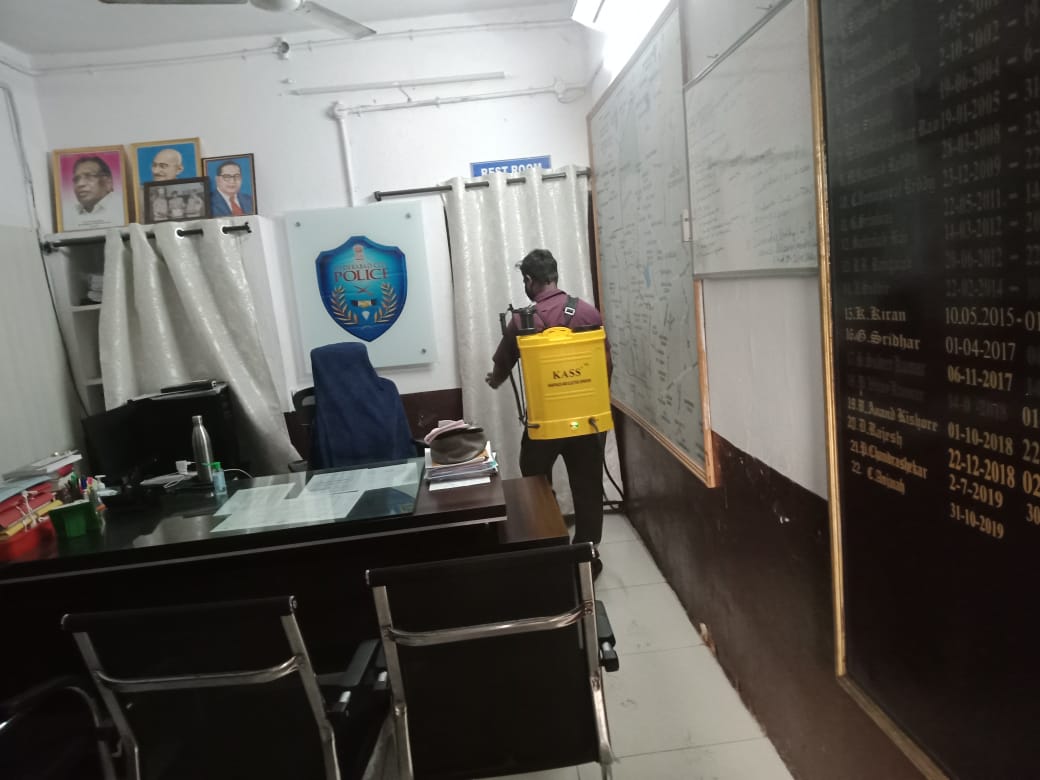 Disinfecting all Police Stations is a regular exercise we undertake in Hyderabad. Keeping ourselves healthy to serve you better is the goal.  Join us by keeping yourselves safe . Stay indoors .