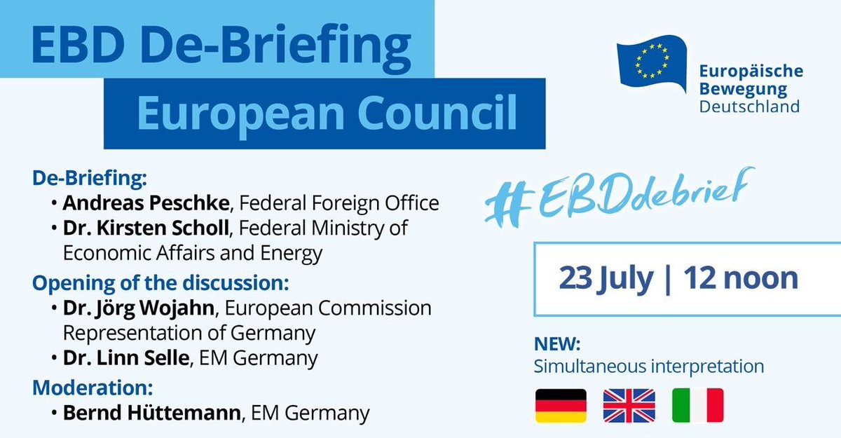 Wo ein Deal ist, ist ein De-Briefing: Donnerstag 12 Uhr #EBDdebrief zum #EUCO mit den Chefeuropäern @AuswaertigesAmt und @BMWi_Bund - also in Italian and English.