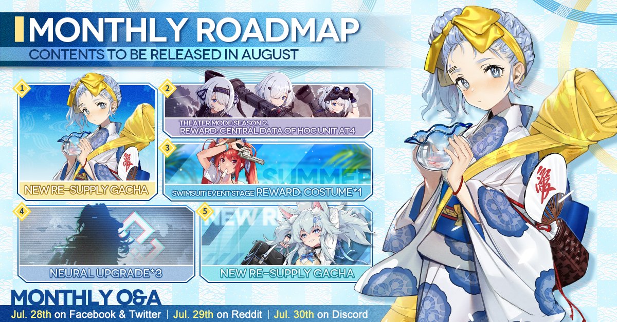 GirlsFrontlineE's tweet image. Dear Commanders,
Here is the roadmap for August! Please refer to the picture below for content to be expected next month!
#GirlsFrontline