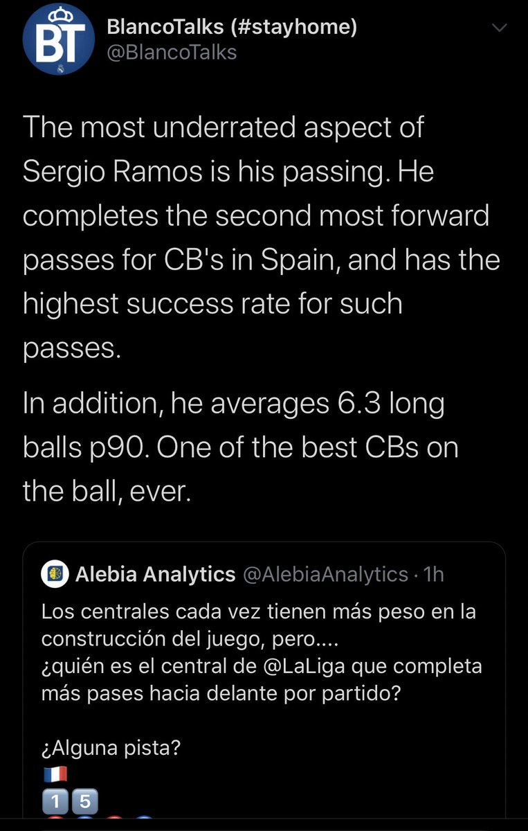 3-Ball playing abilityAs a defender in 2 VERY attacking sides (Spain and Madrid), Ramos is required to be an active part of the buildup. And to play long balls to the forwards. Which he is second only to Barca’s Pique. Ramos is one of the top 3 ball playing CBs in history.