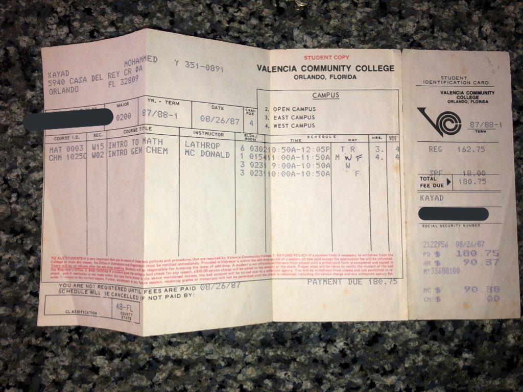 AimanK1_'s tweet photo. My pops just showed me this receipt from when he signed up for two classes at Valencia in 1987 lol https://t.co/ehZbj86BOF