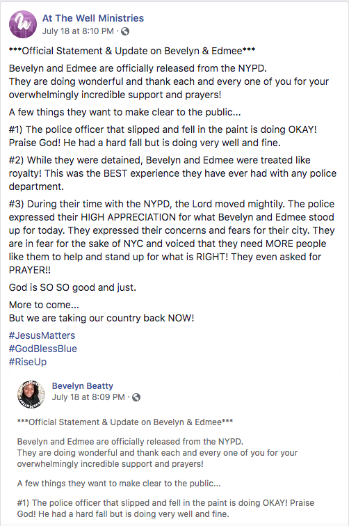 23. After their arrest, Beatty and her friend/roommate, Edmee Chavannes, released this statement on Facebook which was reposted by At the Well Ministries.L:  https://www.facebook.com/zakia.beatty/posts/188437106046042?__tn__=H-R https://archive.vn/Rtgar R:  https://www.facebook.com/AtWellMinistries.org/posts/149781573412912?__tn__=-R