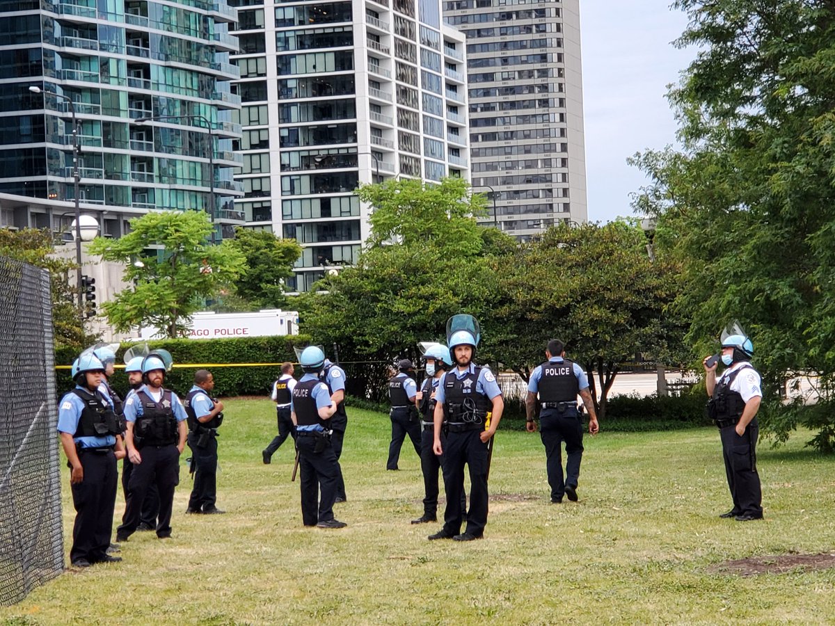 Most of the cops are standing around on their phones not doing a whole lot and activists are just speaking on the megaphone.  #Chicago  #ChicagoProtests