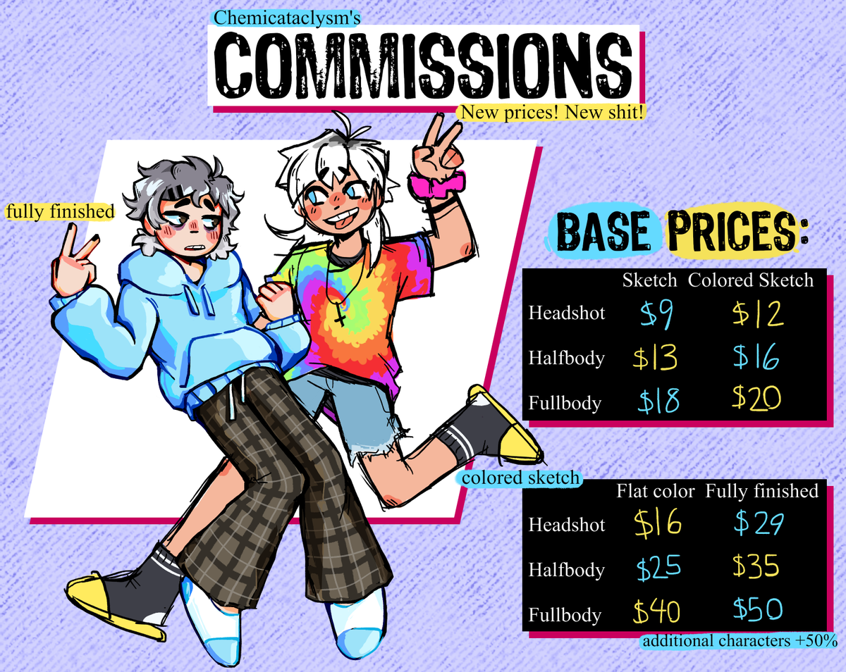 chemicataclysm's tweet photo. Commissions are open! This is my only form of income, rts are appreciated! If the sheet is confusing (srry its crowded I’m bad at making sheets) I can help :D I’m willing to haggle <3

Prices are in USD, payment is done thru paypal. Dm me or email me if you’re interested! Thanks! https://t.co/3t0NYHpySz