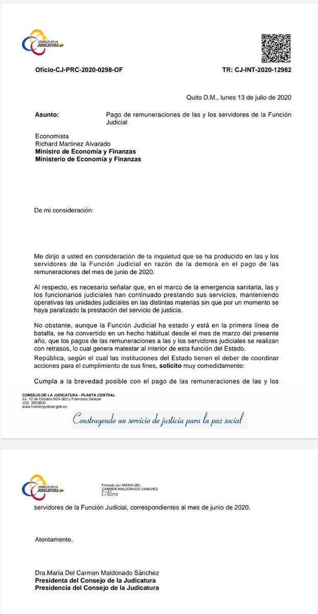 MdcMaldonado's tweet image. Hace días solicitamos a @FinanzasEc el pago de salarios. En defensa de los derechos de nuestr@s servidor@s administrativ@s y jurisdiccionales, mañana realizaremos un pronunciamiento público.Nuestro compromiso es con quienes han permanecido y permanecen en primera línea de batalla