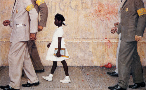 This belief led him to do a number of then-controversial illustrations during the Civil Rights movement of the 1960s, such as this one depicting the desegration of schools.
