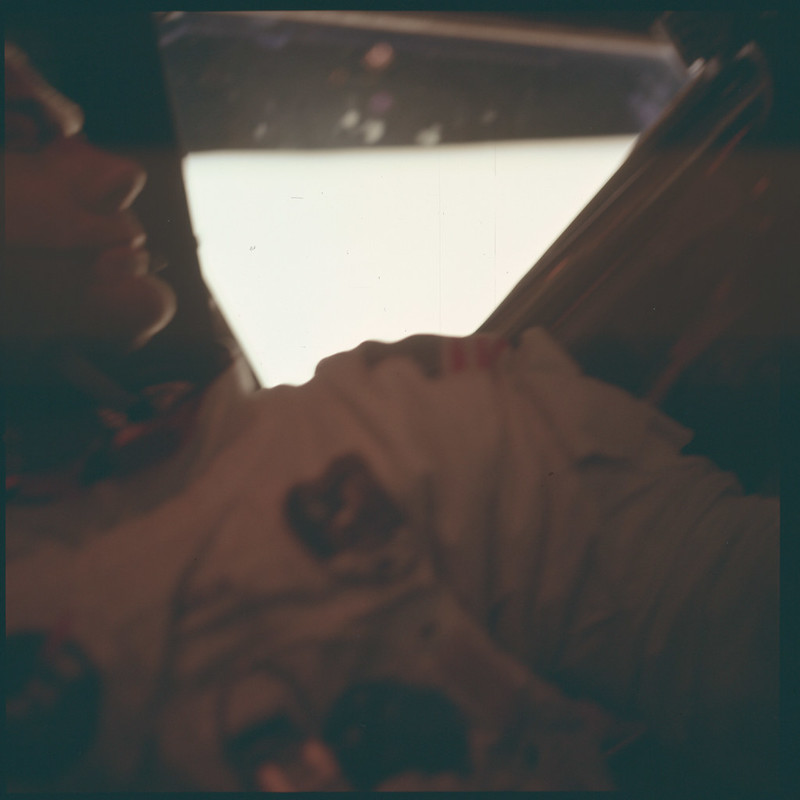 Another shot of  @TheRealBuzz looking over his shoulder out the LM Eagle's window, somtimes post-EVA. This almost feels like it could be an album cover!  #Apollo11