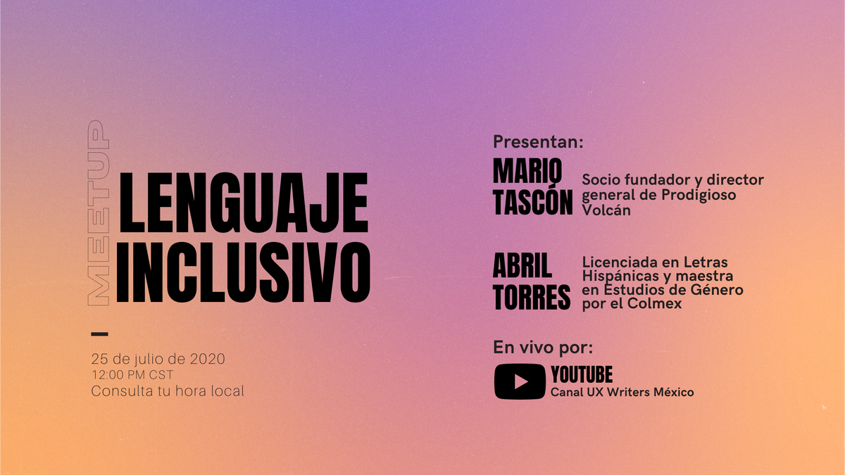 ¡Estamos felices! Mario Tascón, socio fundador y director general de Prodigioso Volcán, y Abril Torres, maestra en Estudios de Género por el Colmex, nos hablarán sobre #lenguajeinclusivo el próximo sábado 25 de julio. Inscríbete aquí: bit.ly/3fT4aWo