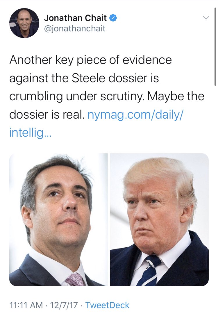 Much of NYMag’s discussion was led by  @jonathanchait, the same journalist who advanced the theory that perhaps Trump has been a Russian agent since 1987. It’s hard not to look at this as similarly conspiratorial at this point.