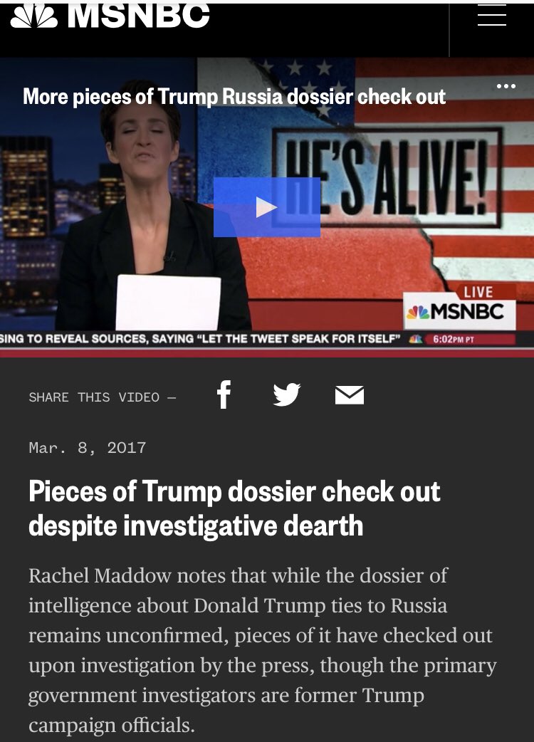 But probably the most vociferous cheerleader of the Steele dossier was  @maddow, who hyped it at every turn. Select screenshots of it are below, but well worth your time is  @ErikWemple’s series on this:  https://www.google.com/amp/s/www...