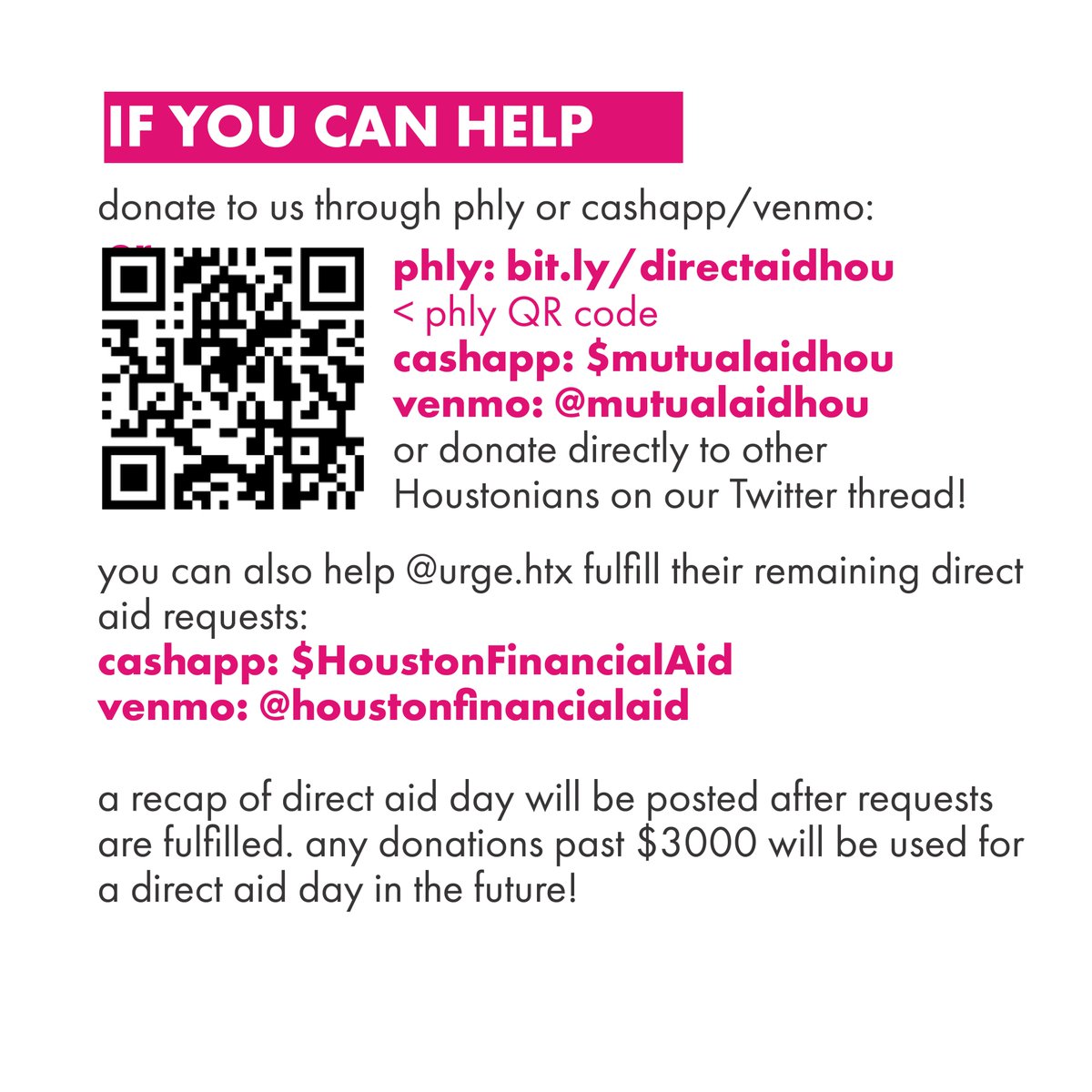 mutualaidhou's tweet photo. HOUSTON: We are distributing $ to y'all — up to $200 per request, fulfilling $3000 total in requests. If you are in need, apply by Wed at 10 p.m. CST AND reply to this thread with your cashapp/venmo! If you can give, donate to us or to folks in the replies https://t.co/x9qhMBRizz https://t.co/28cVUhsQ4f