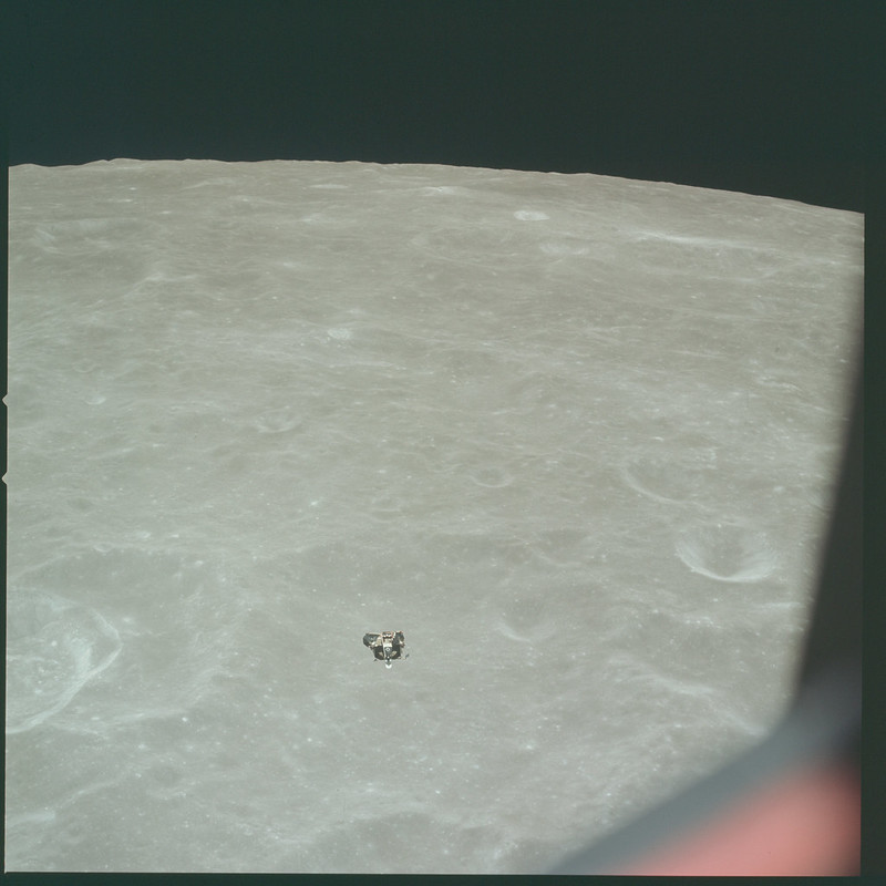 Post lunar landing, here's  #Apollo11's LM ascent stage coming up for rendezvous with the CSM. I LOVE pictures like this that give you a sense of size... the LM is so small and so far away. To me, it begins to capture how alone the crew was on that flight.