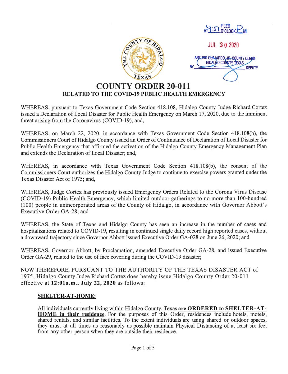 HidalgoCountyTX's tweet photo. As Emergency Management Director, County Judge Richard F. Cortez signed new county order for all residents &amp; visitors in Hidalgo County. It includes shelter at home, curfew, essential travel limitations and facial coverings requirements.

FULL ORDER HERE: https://t.co/ieZ73rR8pB https://t.co/2O4eEiHHTk